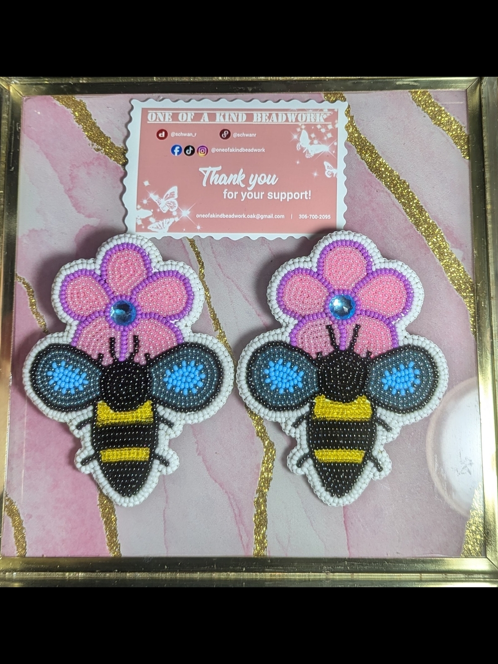 Beaded Bee Flower Earrings - Pink, Blue & Yellow